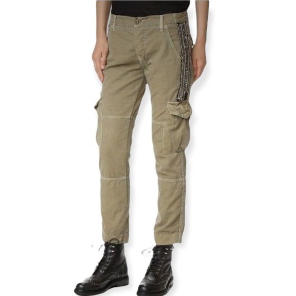 NSF Pants - NSF Basquiat Olive Beaded Cropped Cargo Pants R12